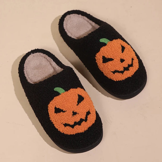 2024 Cotton Fluffy Slippers – Cartoon Pumpkin Plush Slides for Couples, Funny Halloween Casual Indoor Shoes