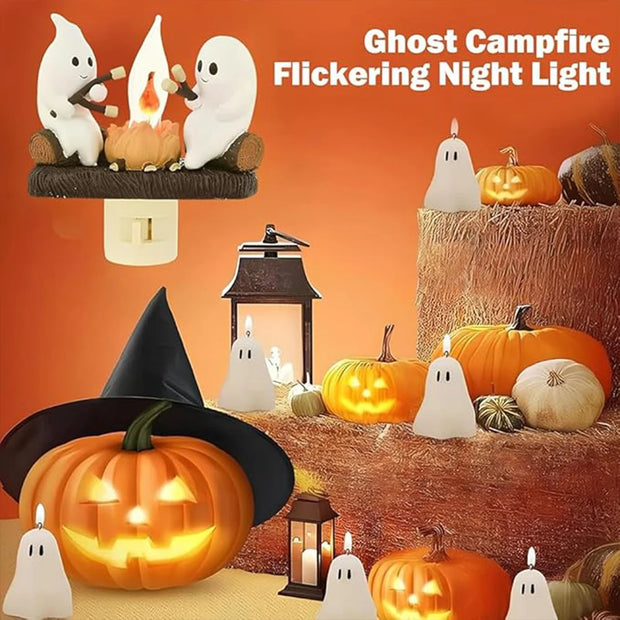 2024 Ghost Campfire Nightlight – 2 Ghosts Roasting LED Fake Fire, 3D Spooky Halloween Decor