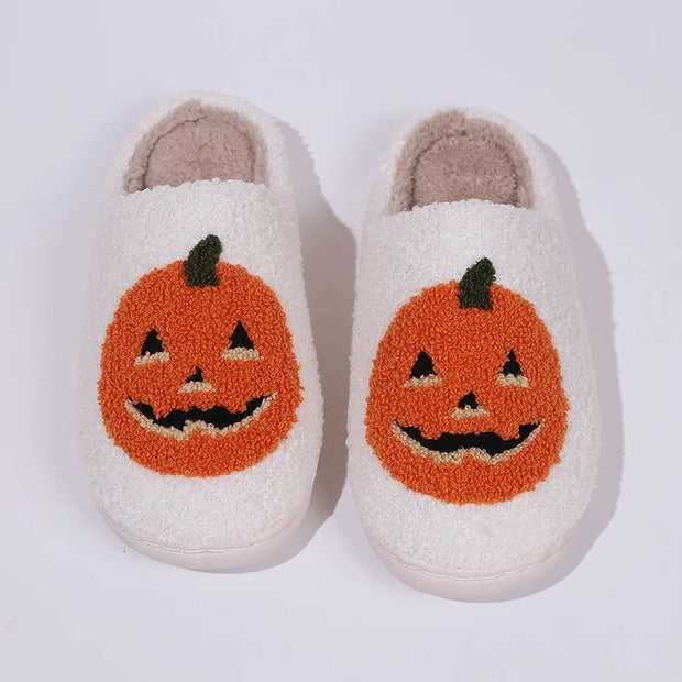 2024 Cotton Fluffy Slippers – Cartoon Pumpkin Plush Slides for Couples, Funny Halloween Casual Indoor Shoes